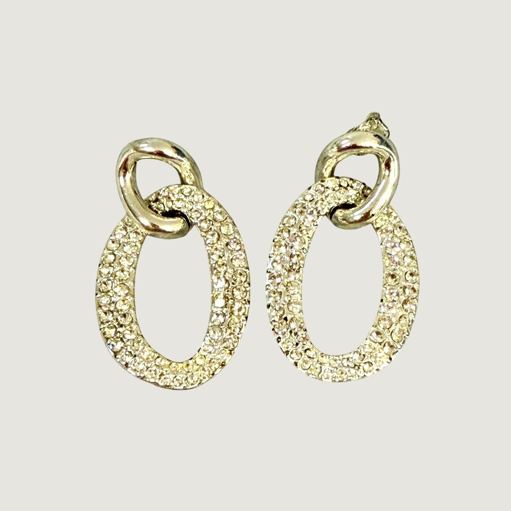 Avon Silver Tone Crystal Pave Double‎ Oval Hoop Drop Earrings Statement Dangle
